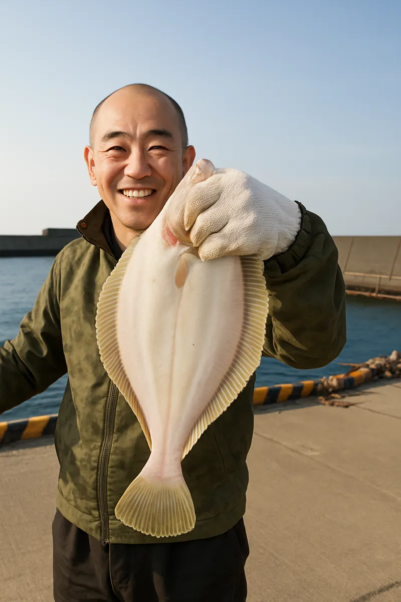 神岬漁港でマガレイの釣果を得たがんだま君.webp