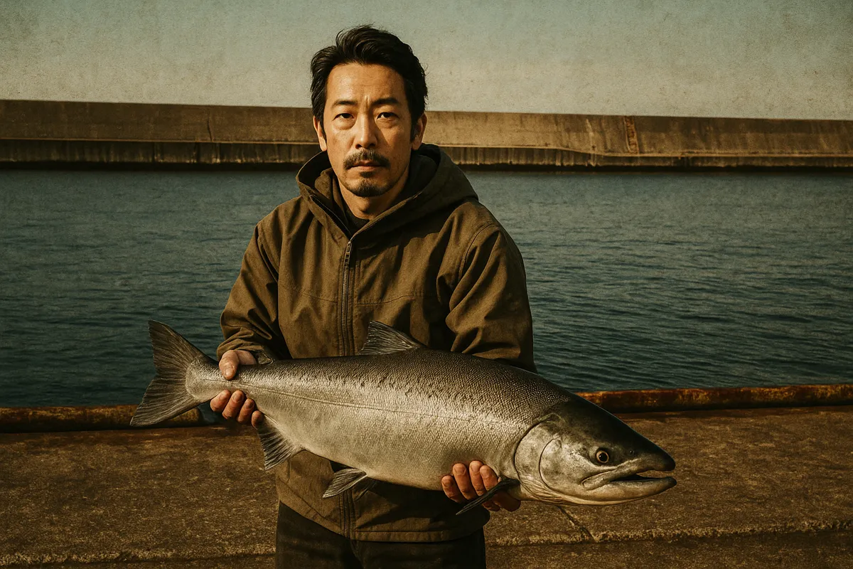 神恵内漁港でサケの釣果を得た佐々木.webp