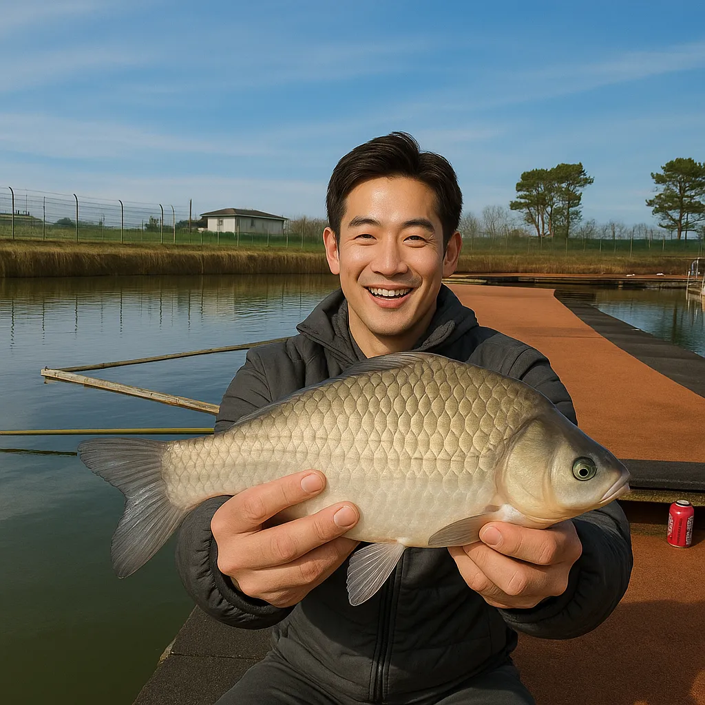 神扇池でヘラブナの釣果を得た勝田.webp