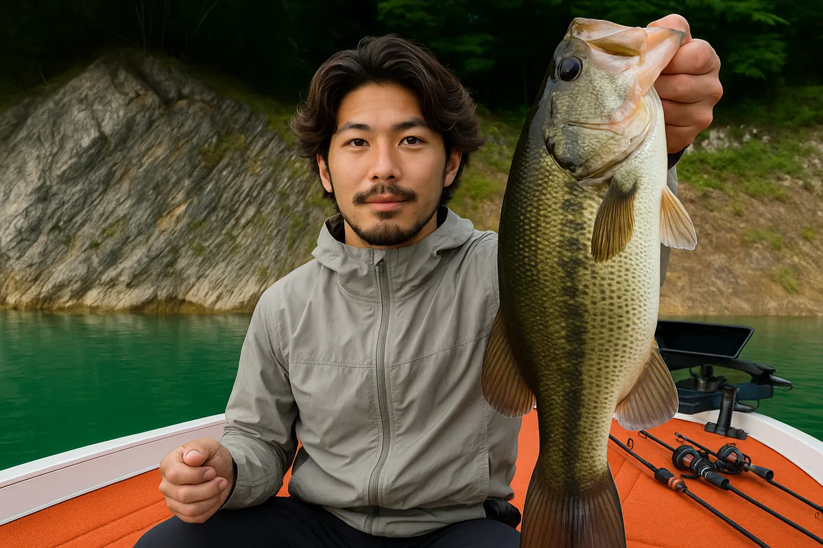 神流湖でブラックバスの釣果を得た澤田.webp