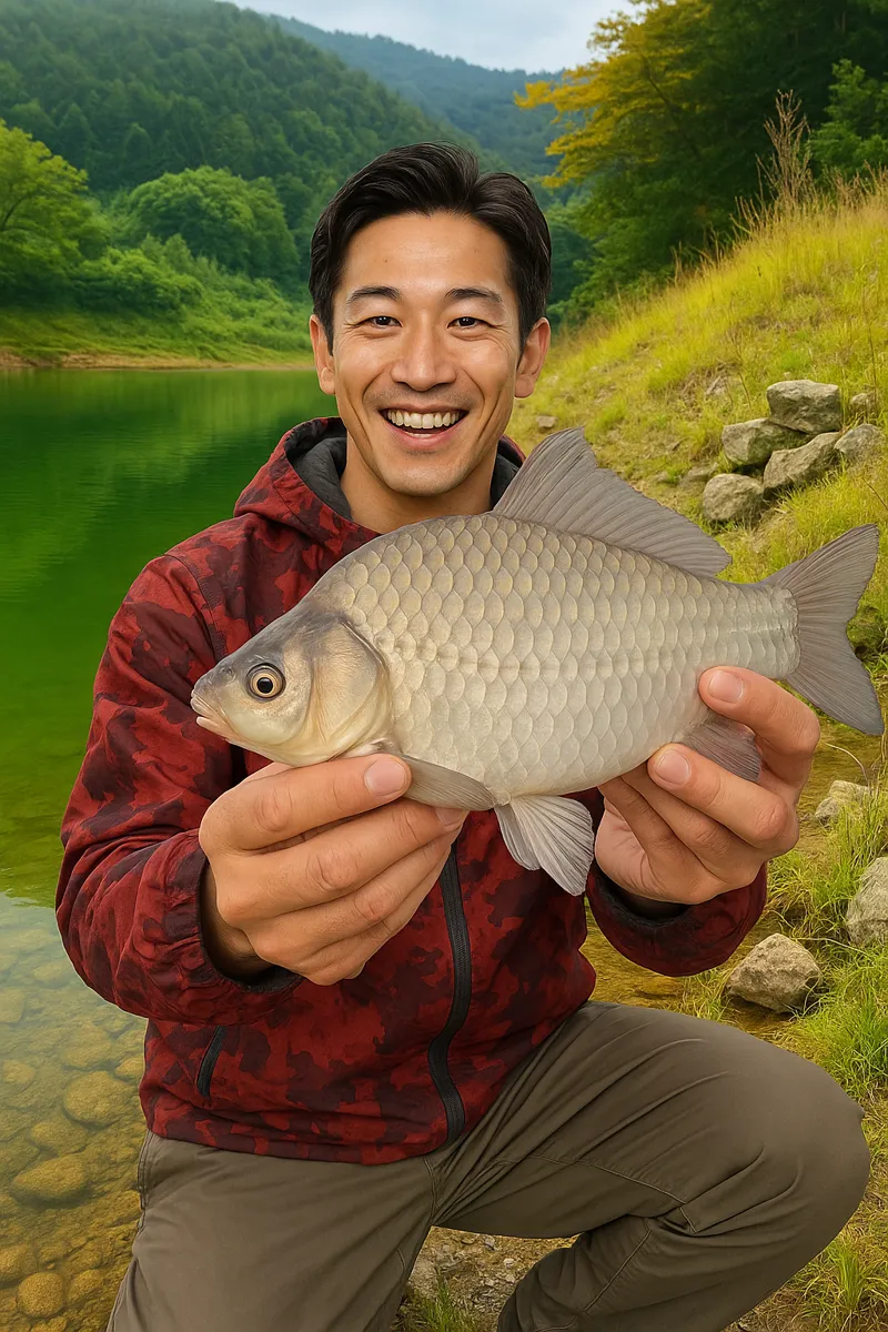 神流湖でヘラブナの釣果を得た勝田.webp