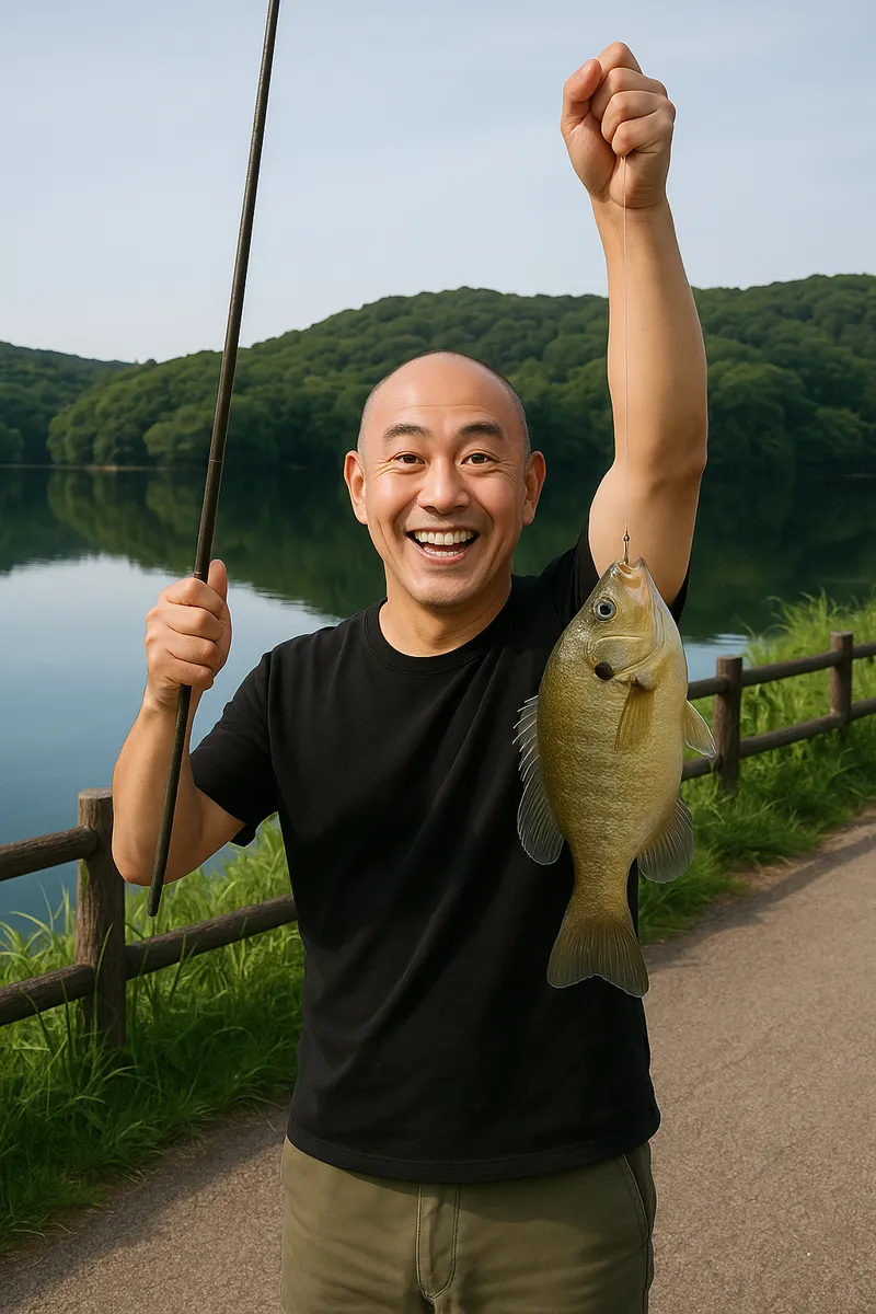 竹沼でブルーギルの釣果を得たがんだま君.webp