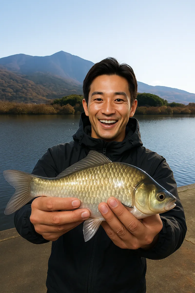 筑波湖でヘラブナの釣果を得た勝田.webp