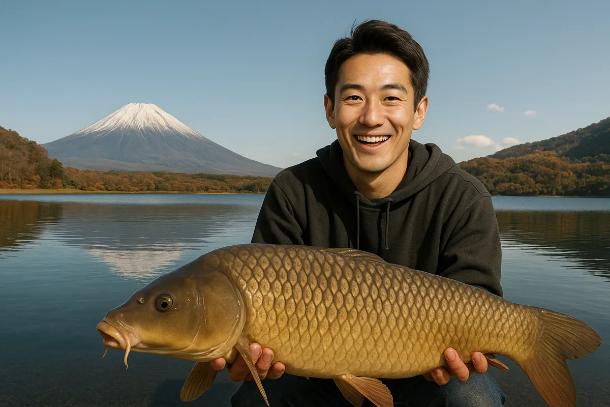 精進湖でコイの釣果を得た勝田.webp