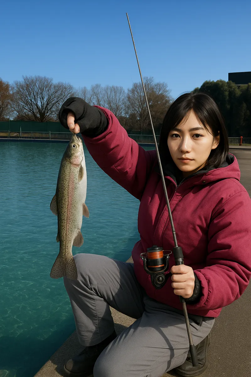 総合運動公園フィッシングフィールドでニジマスの釣果を得た黒川.webp