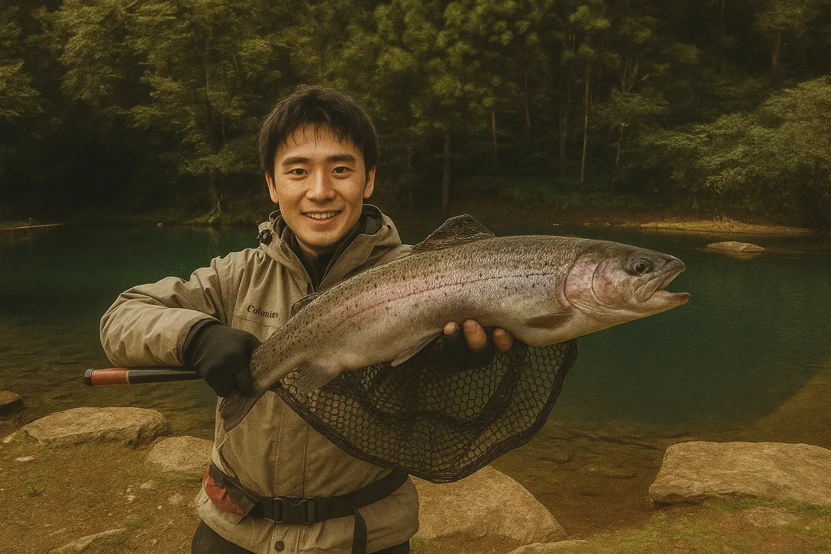 美濃フィッシングエリアでニジマスの釣果を得た新崎.webp