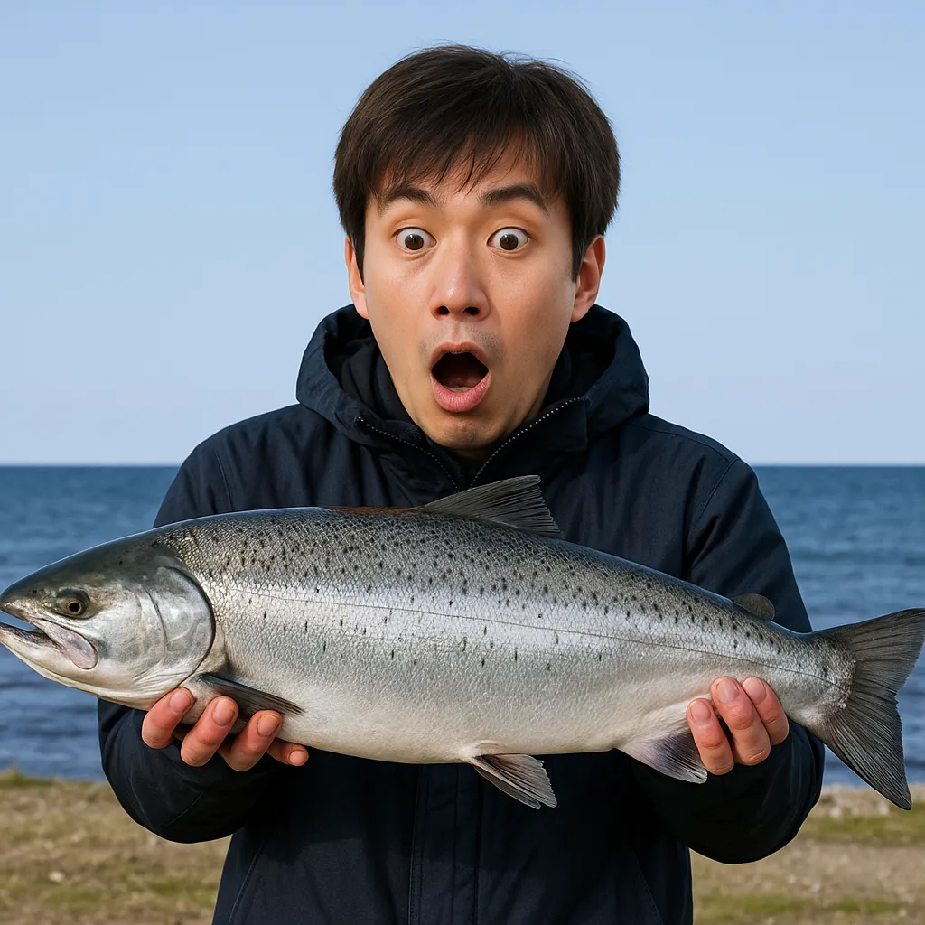 舎熊海岸でサクラマスの釣果を得た男性.webp