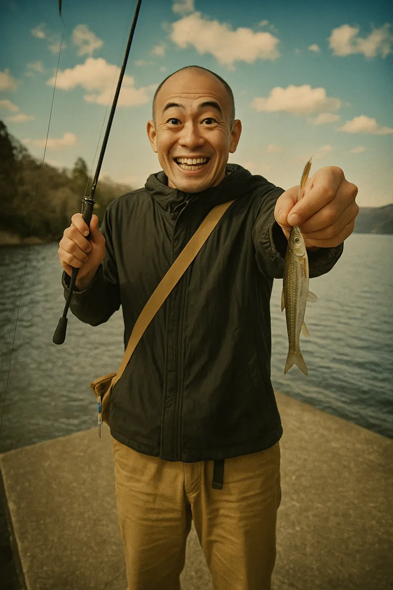 芦ノ湖でオイカワの釣果を得たがんだま君.webp