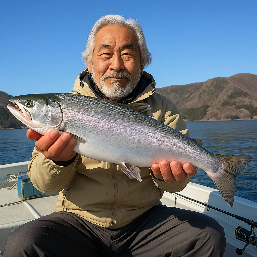 芦ノ湖でサクラマスの釣果を得た米田.webp