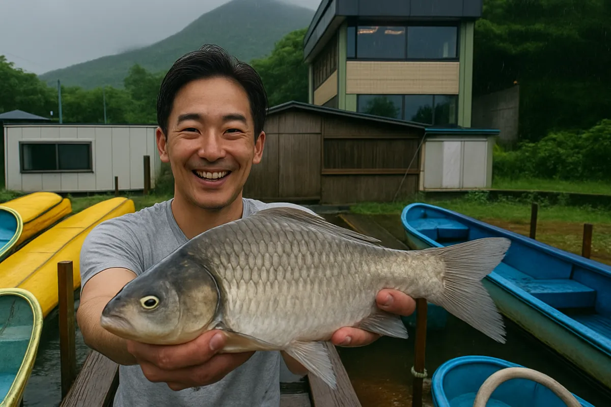 芦ノ湖でヘラブナの釣果を得た勝田.webp