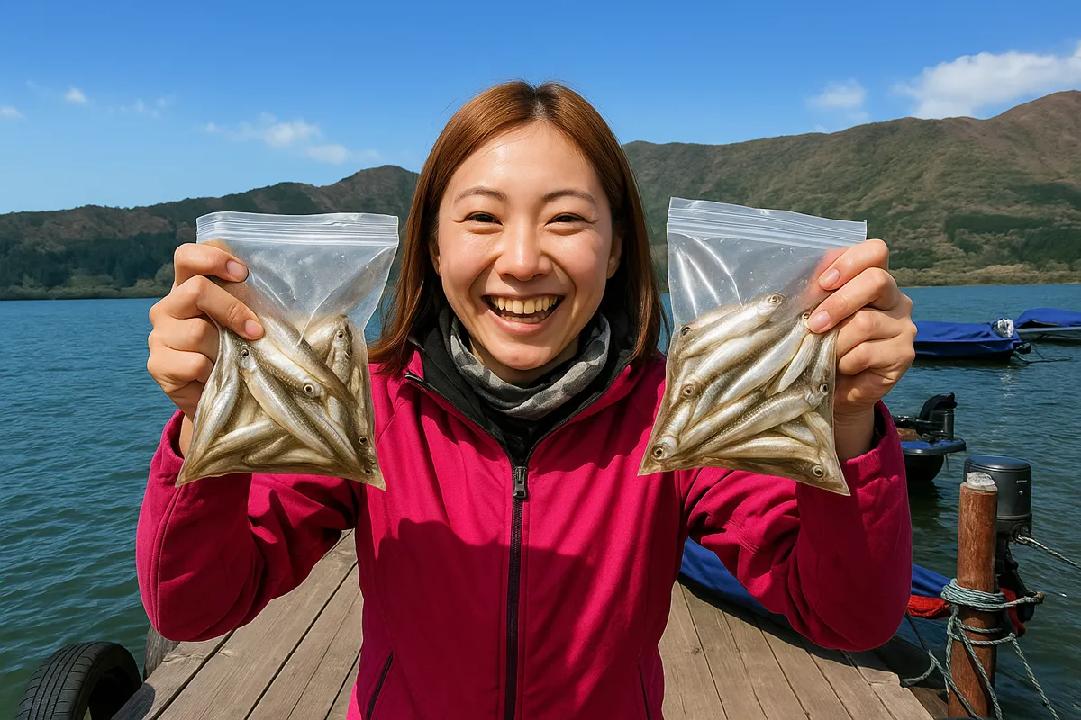 芦ノ湖でワカサギの釣果を得た女性.webp