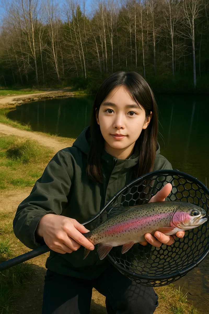 若栗フィッシングの森でニジマスの釣果を得た森永.webp