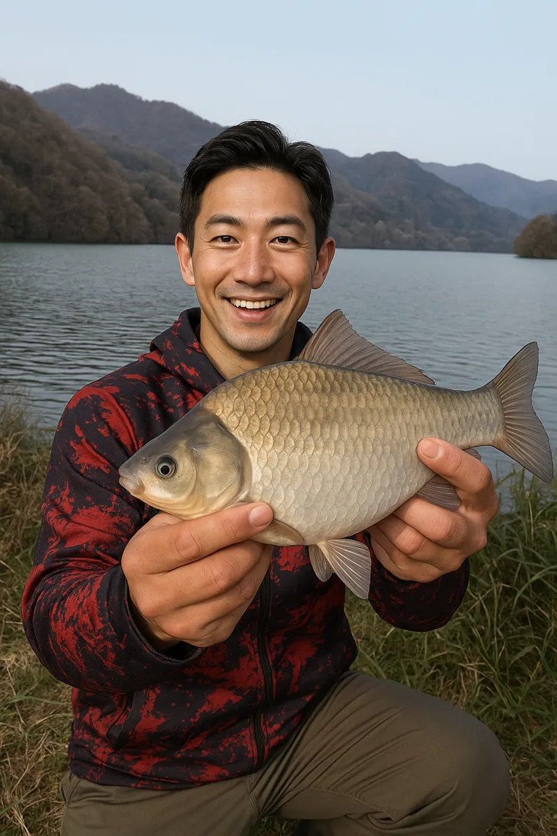 草木湖でヘラブナの釣果を得た勝田.webp