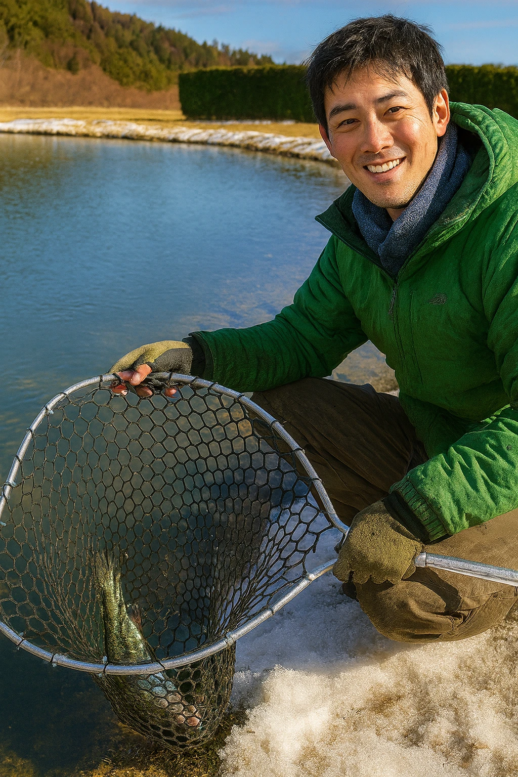 菊地養魚場でサクラマスの釣果を得た新崎.webp