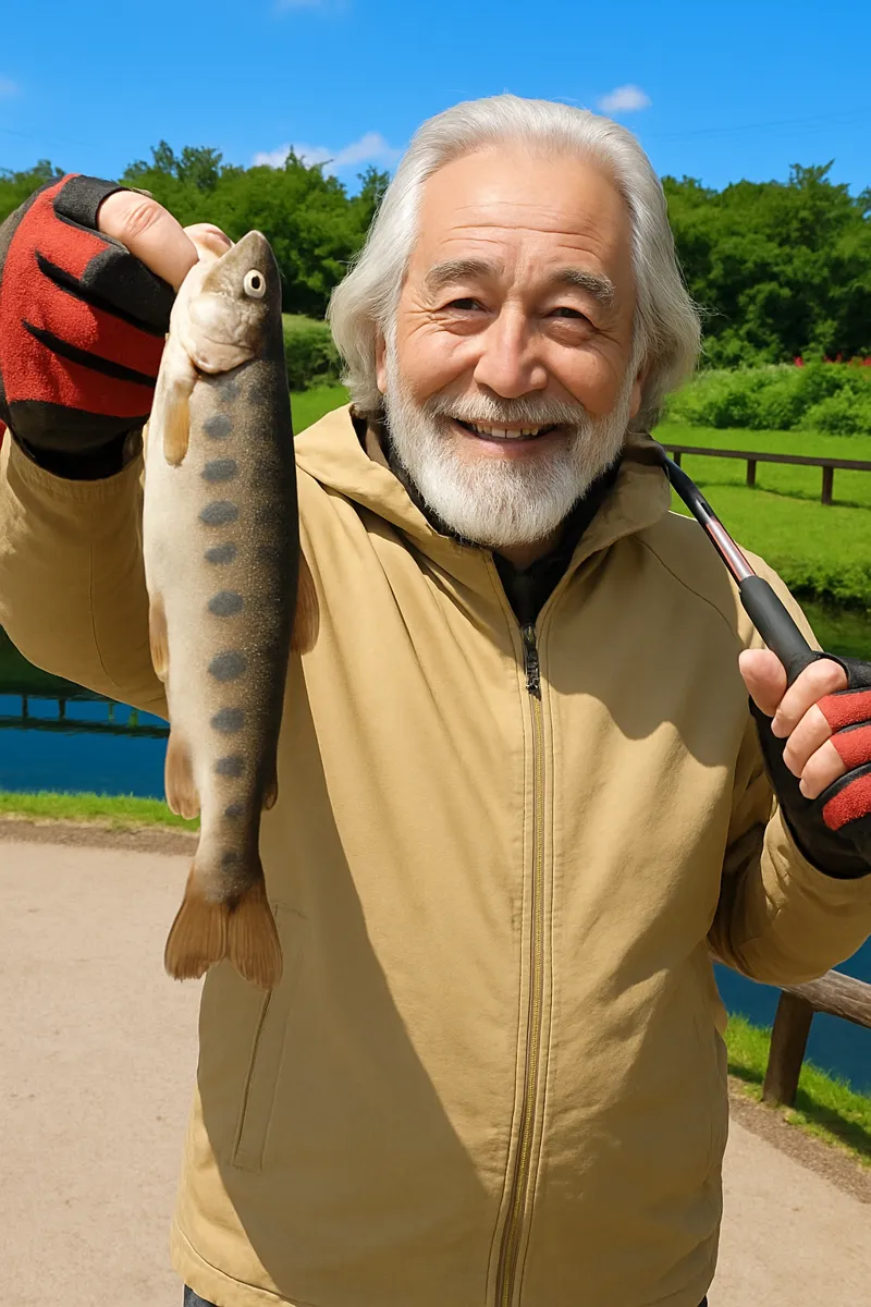 蒜山塩釜養魚センターでアマゴの釣果を得た米田.webp