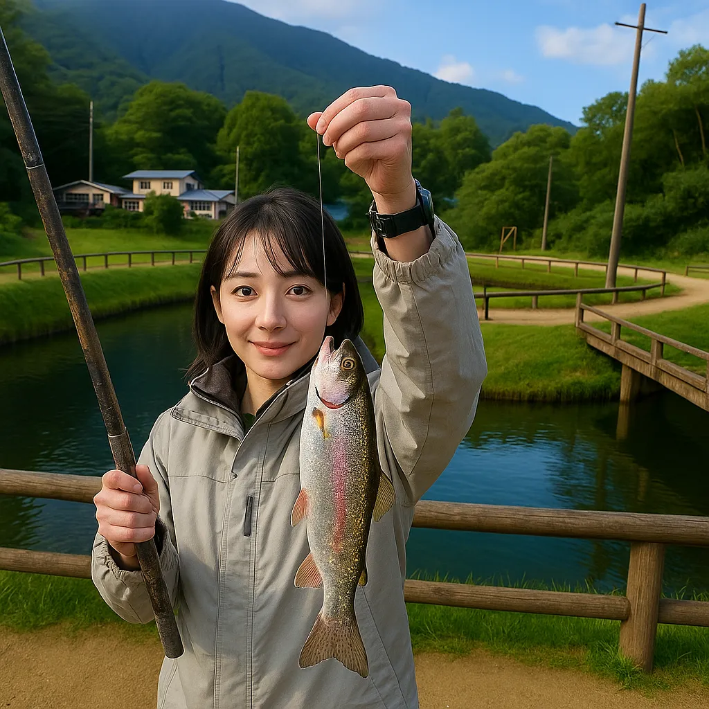 蒜山塩釜養魚センターでニジマスの釣果を得た国生.webp
