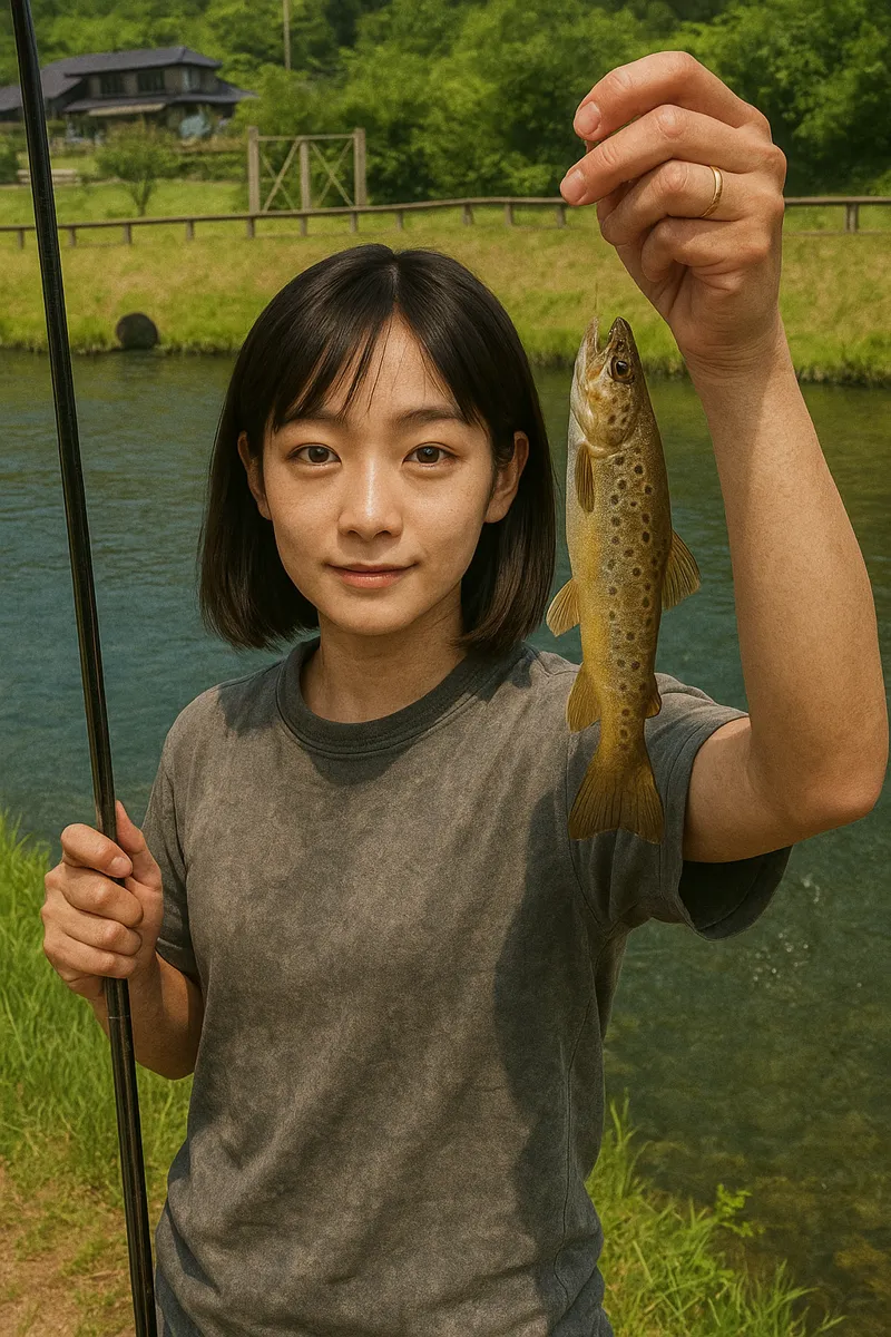 蒜山塩釜養魚センターでブラウントラウトの釣果を得た国生.webp
