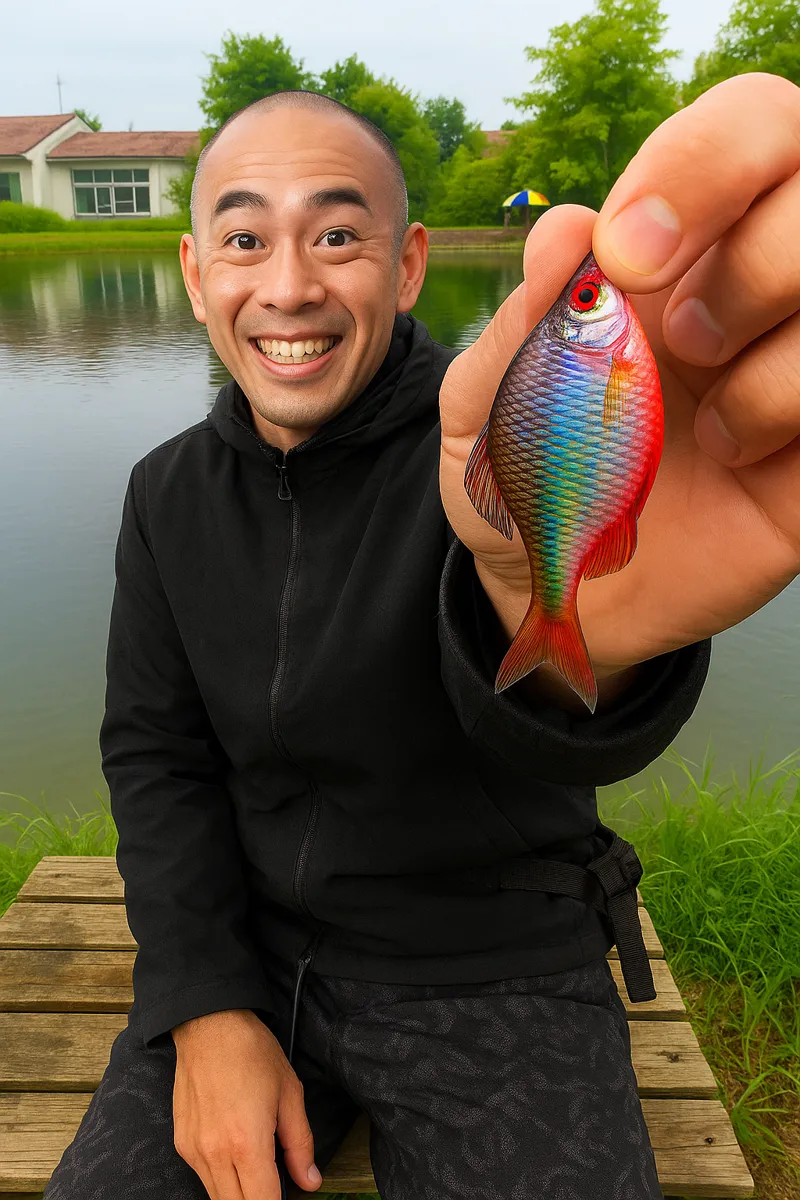 薬師沼親水公園でタナゴの釣果を得たがんだま君.webp