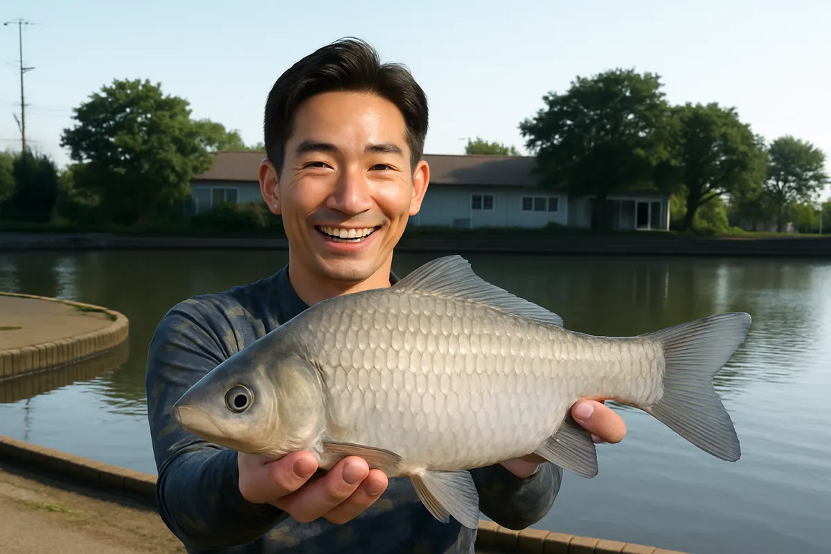 薬師沼親水公園でヘラブナの釣果を得た勝田.webp