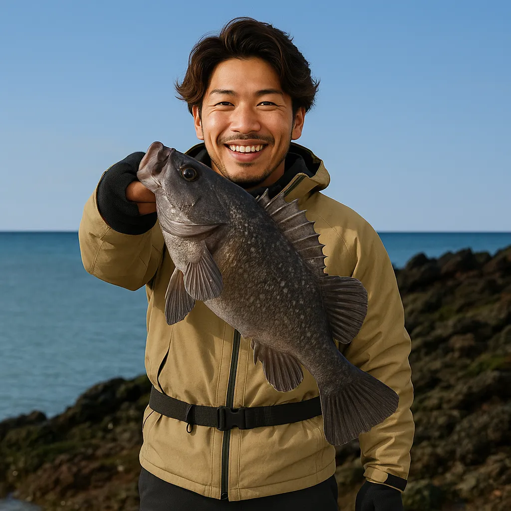 藻岩岬でソイの釣果を得た澤田.webp