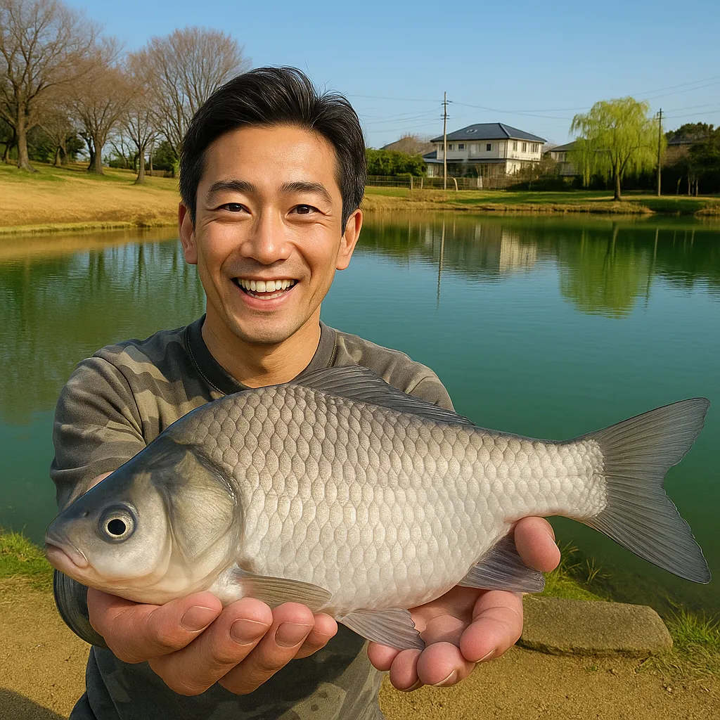 西城沼公園でヘラブナの釣果を得た勝田.webp