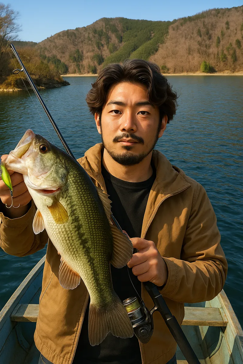 西湖でブラックバスの釣果を得た澤田.webp