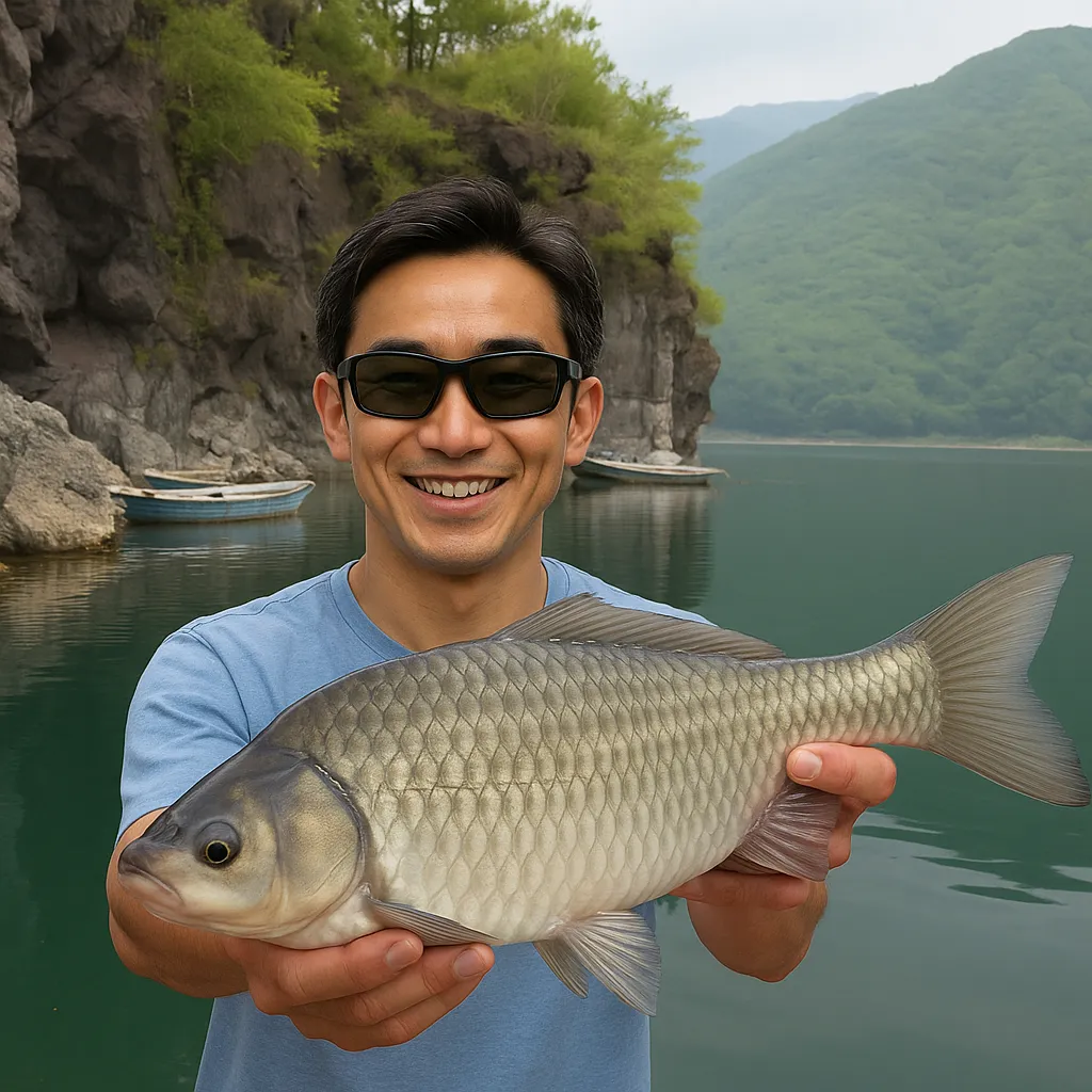 西湖でヘラブナの釣果を得た勝田.webp