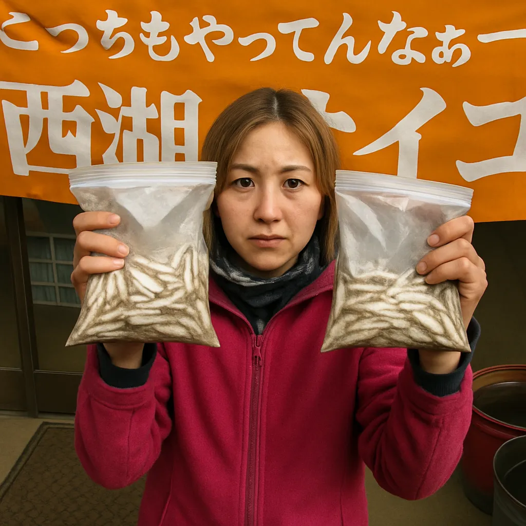 西湖でワカサギの釣果を得た女性.webp