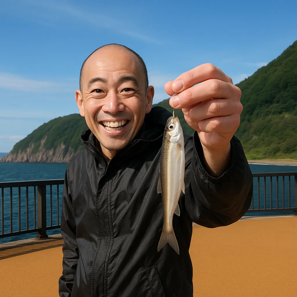 豊浦フィッシャーリーナでチカの釣果を得たがんだま君.webp