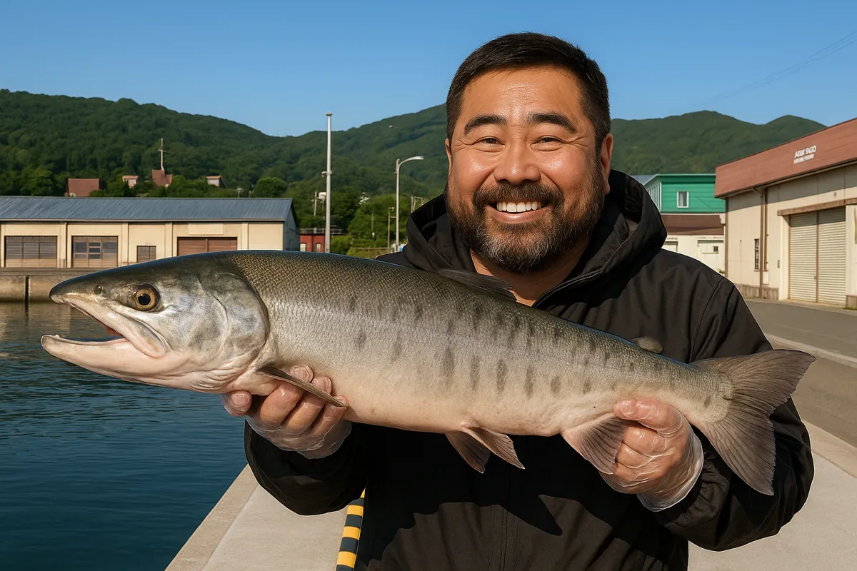豊浦漁港でサケの釣果を得た楢崎.webp