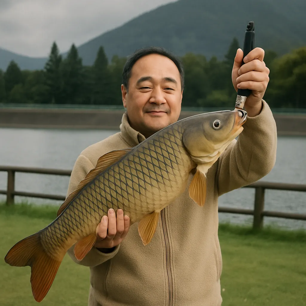 赤川ダムでコイの釣果を得た持田.webp
