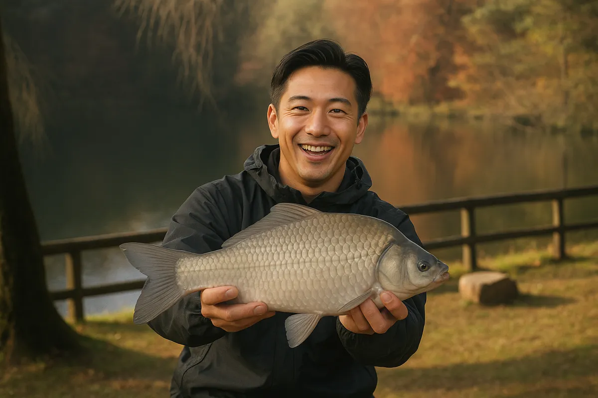 赤川ダムでヘラブナの釣果を得た勝田.webp