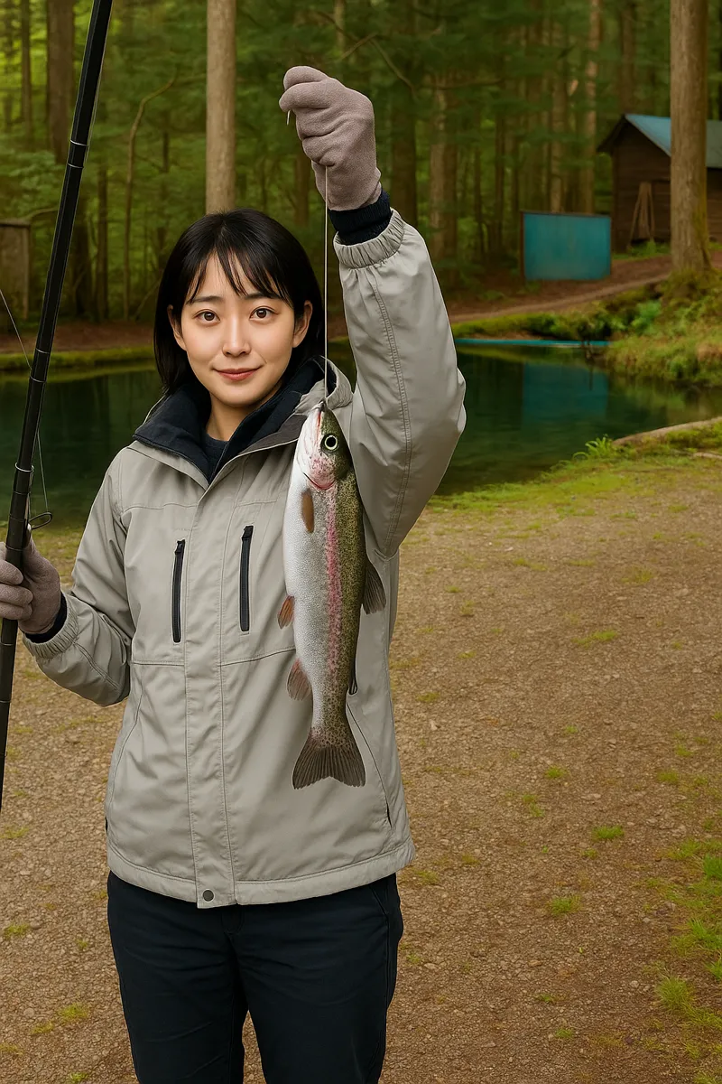 辻野養魚場でニジマスの釣果を得た国生.webp