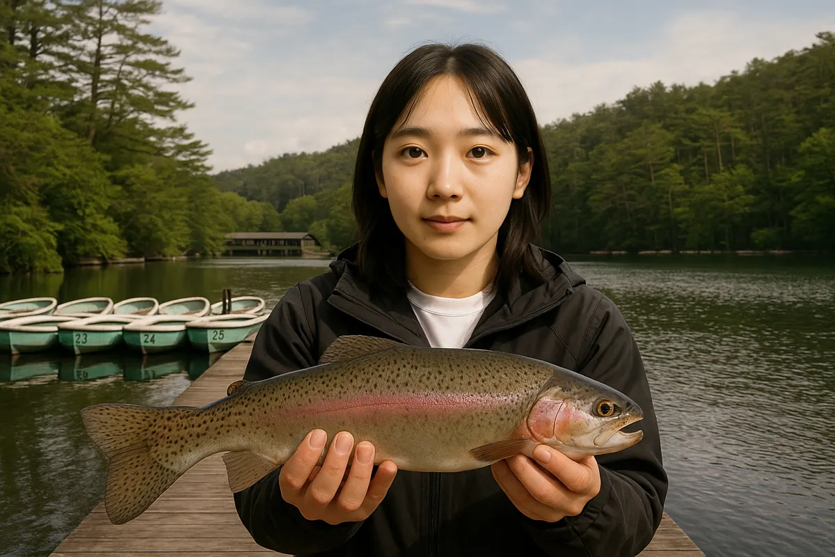 通天湖でニジマスの釣果を得た森永.webp