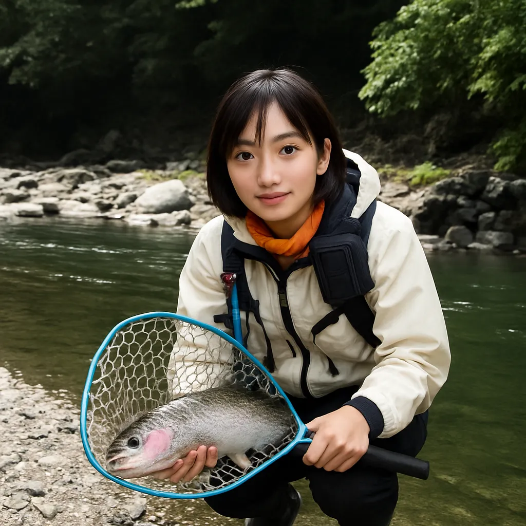 道志川でニジマスの釣果を得た女性.webp