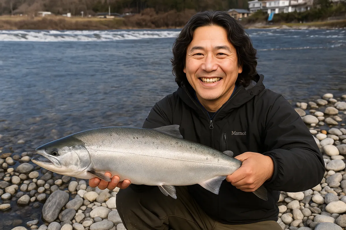 那珂川でサクラマスの釣果を得た岸本.webp