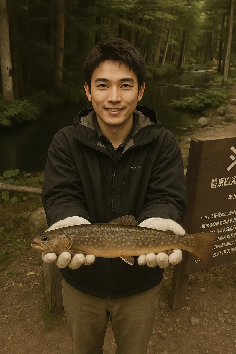 那須フィッシュランドでイワナの釣果を得た新崎.webp