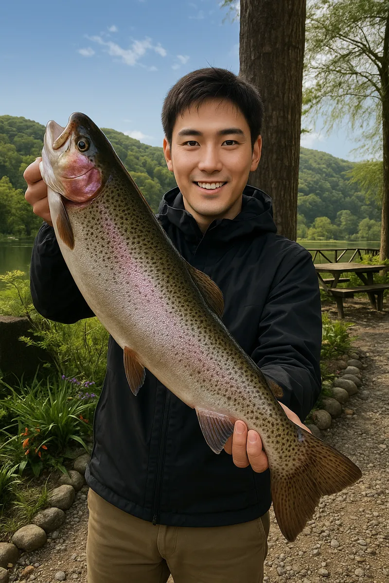 那須白河フォレストスプリングスでニジマスの釣果を得た新崎.webp