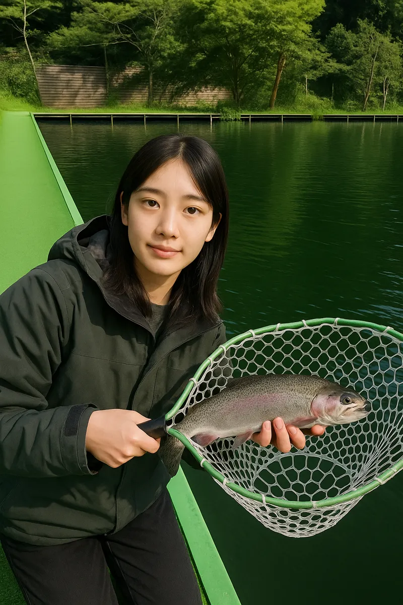 醒井養鱒場でニジマスの釣果を得た森永.webp