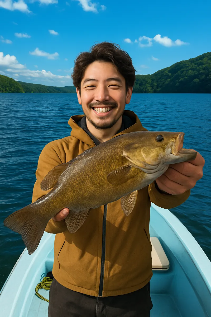 野尻湖でブラックバスの釣果を得た澤田.webp