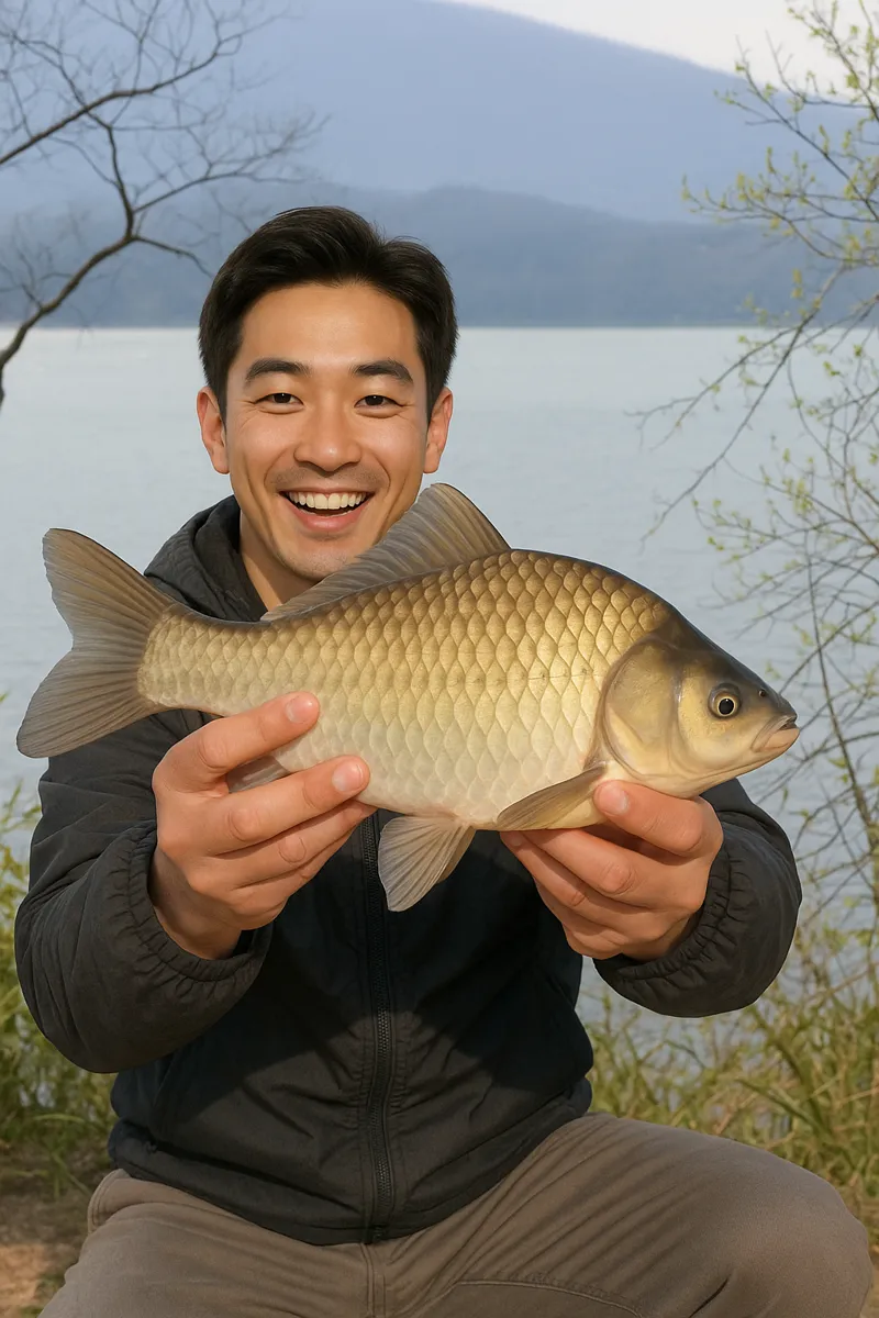 野尻湖でヘラブナの釣果を得た勝田.webp