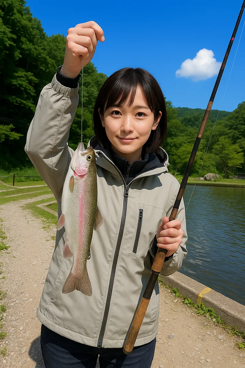 釜無川釣り堀センターでニジマスの釣果を得た国生.webp