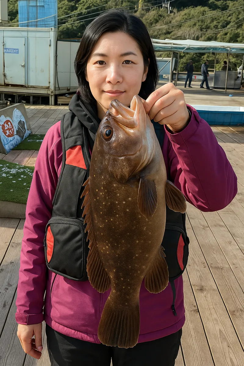 釣堀水宝でクエの釣果を得た女性.webp