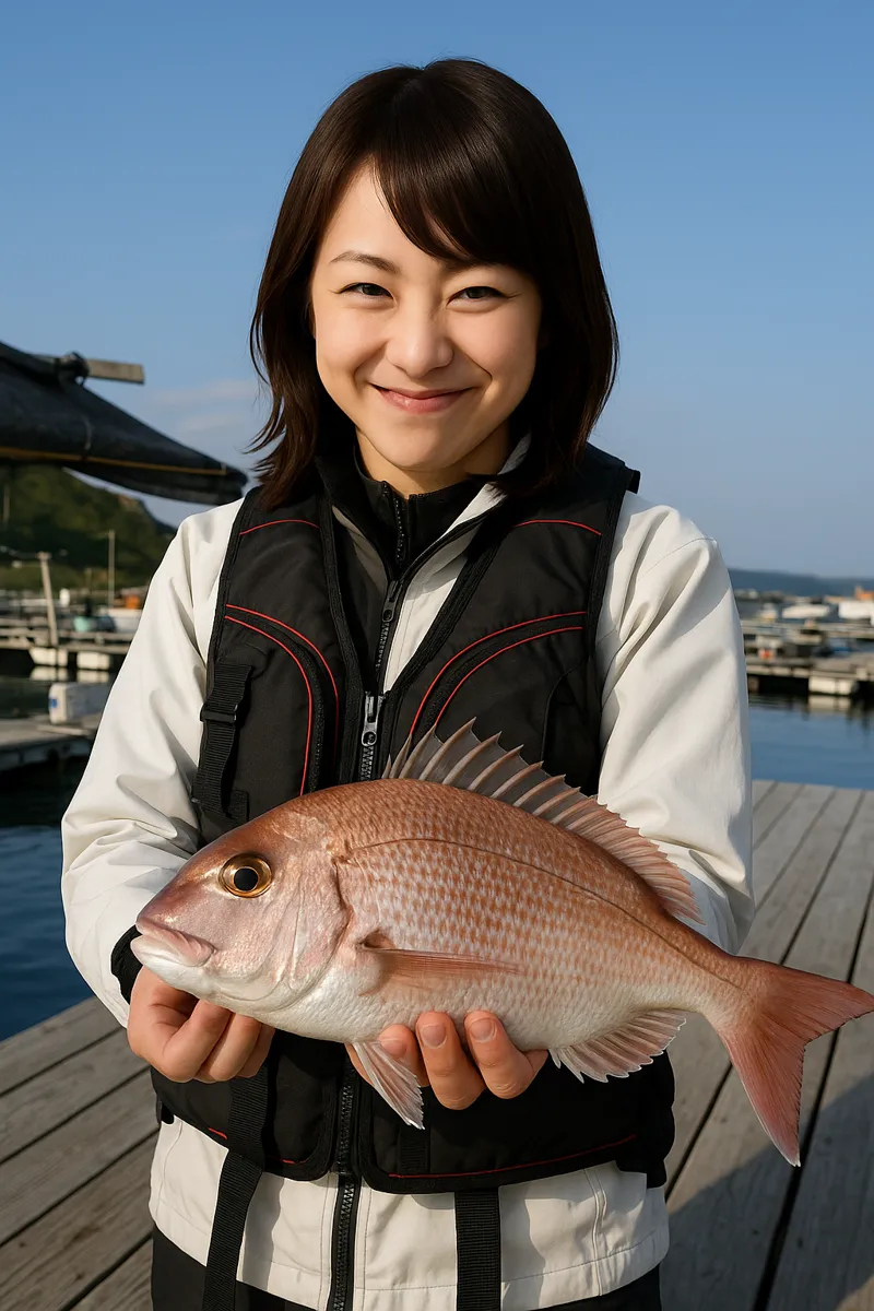 釣堀海恵でマダイの釣果を得た女性.webp