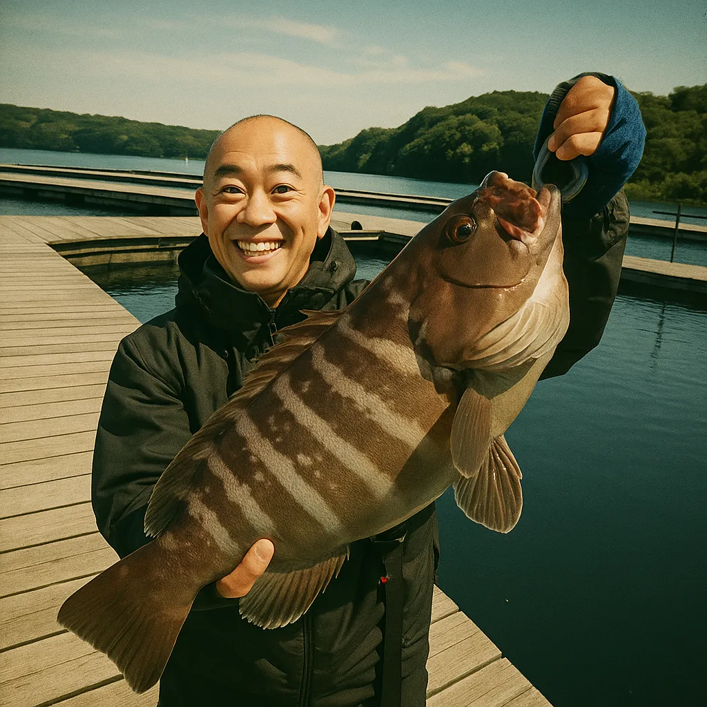 釣堀海恵でマハタの釣果を得たがんだま君.webp