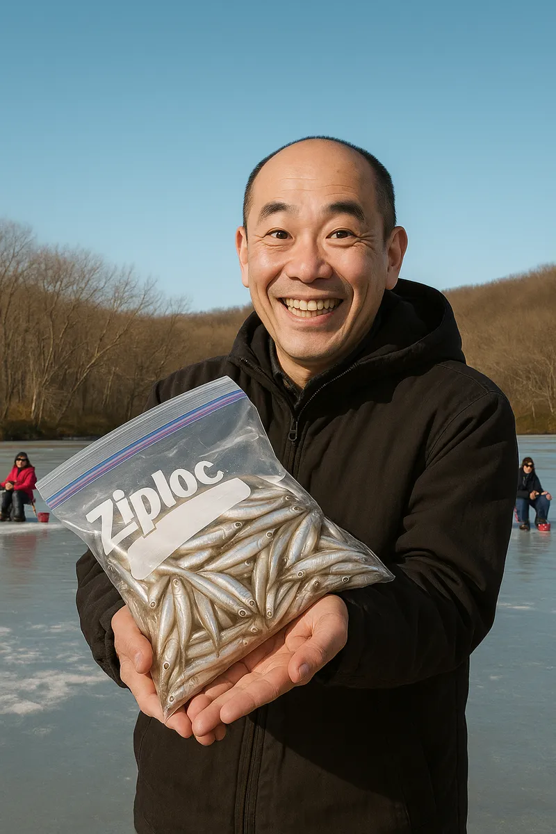 錦大沼でワカサギの釣果を得たがんだま君.webp