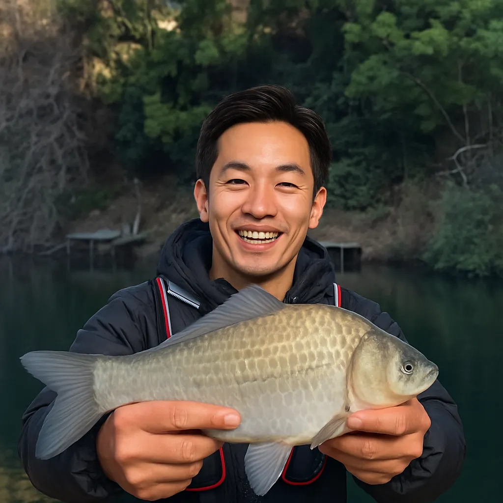 鎌北湖でヘラブナの釣果を得た勝田.webp
