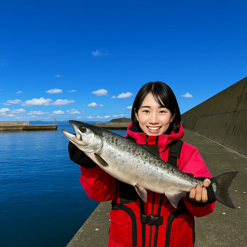長万部漁港でサクラマスの釣果を得た女性.webp