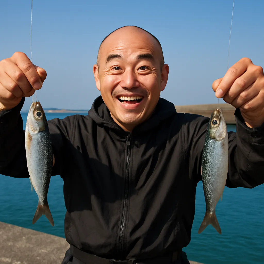 門別漁港でイワシの釣果を得たがんだま君.webp