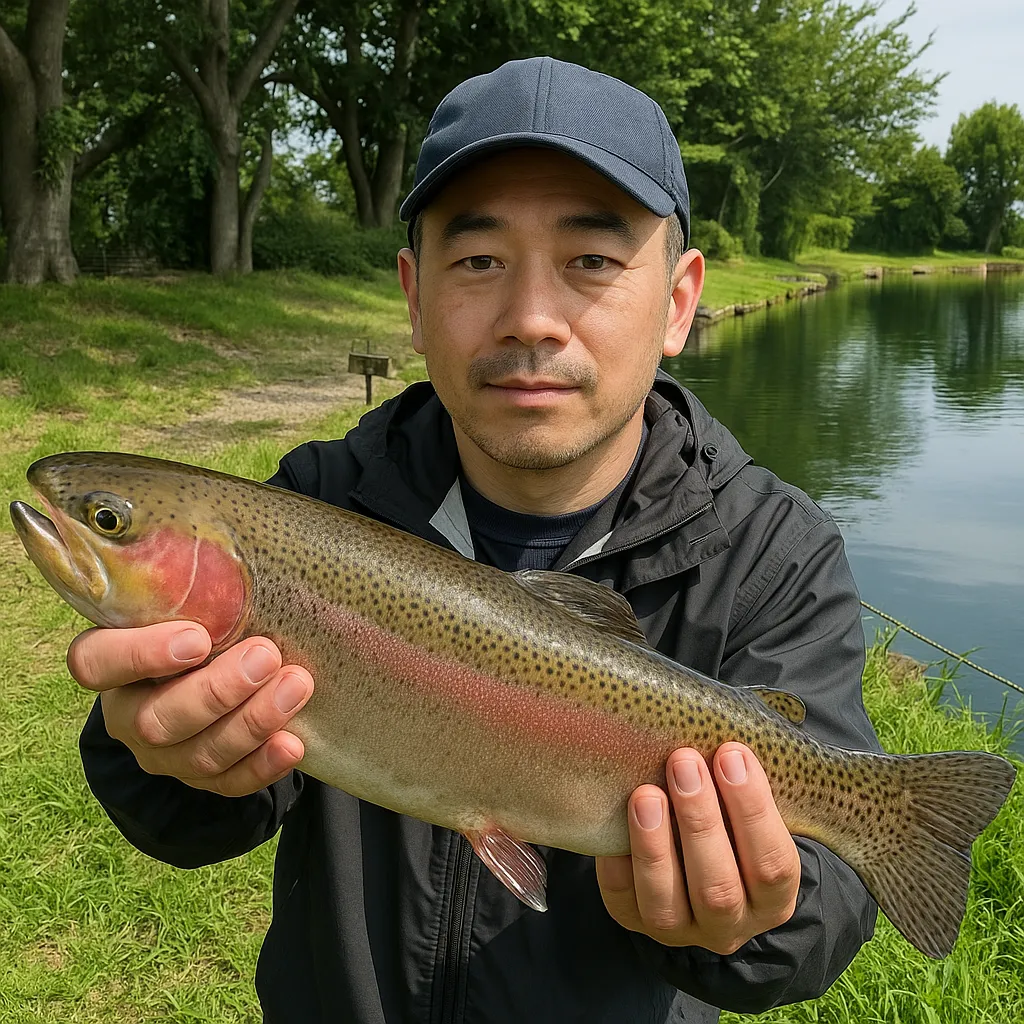 開成水辺FSでニジマスの釣果を得た男性.webp